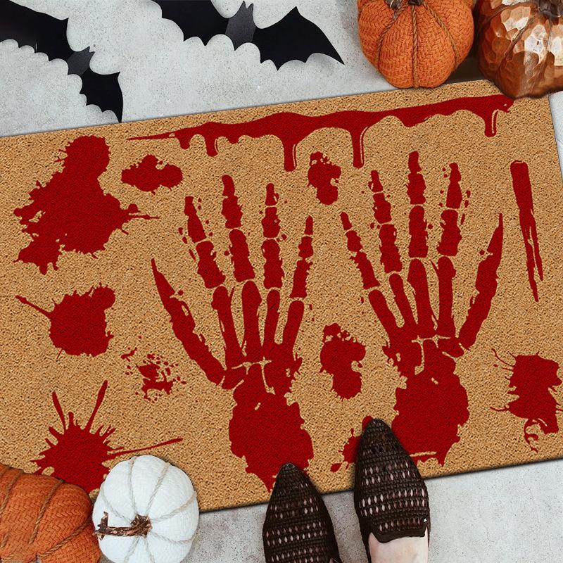 Хэллоуин Кровавый Ковер Мат Ужас Отпечаток Руки Ковер Череп SOS Текст Пробка Нескользящий Домашнее Украшение Коричневые Коврики для Пола Приветственный Коврик