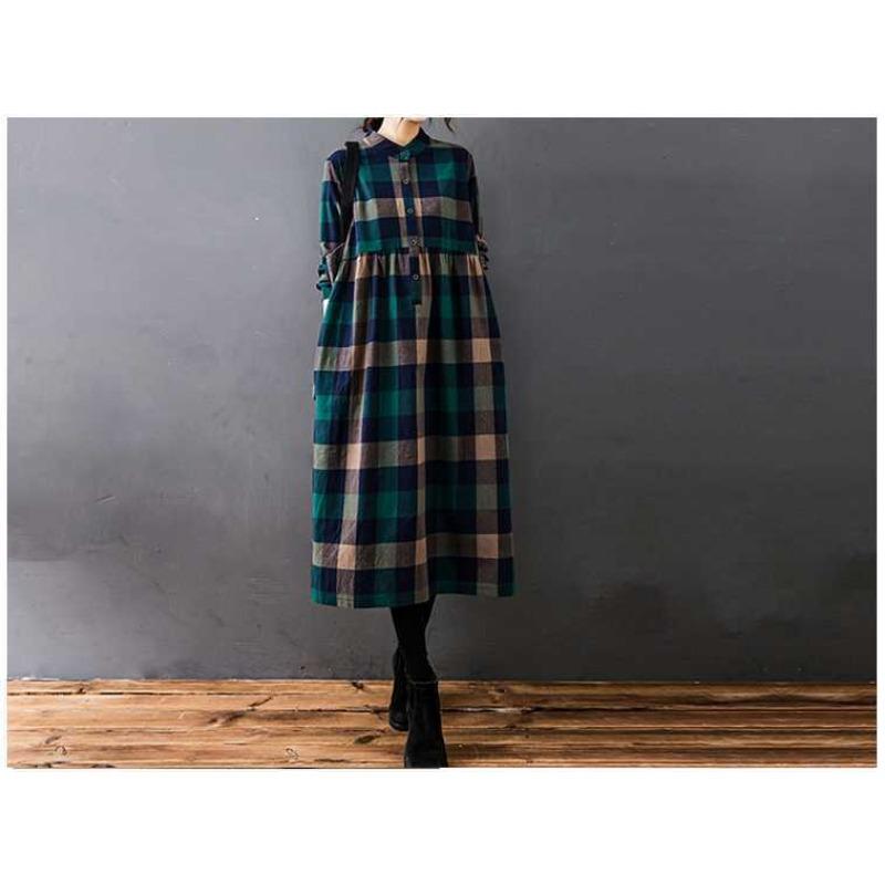 Women's Loose Spliced Cotton Linen Long Sleeved Dress