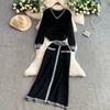 Autumn Winter Women Casual Knitted Sweater Two Piece Set V-neck Pullover Tops and Long Maxi Big Swing Skirt Suit