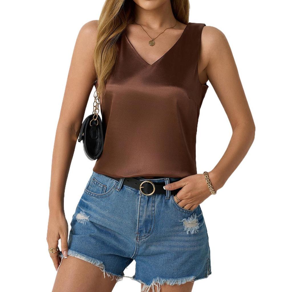 Women's Spring Summer Satin Vest V-neck Casual Halter Vest Sleeveless Shirt