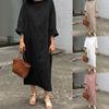 Women's Casual Loose Cotton Linen Dropped Shoulder Sleeves Round Neck Large Size Dress