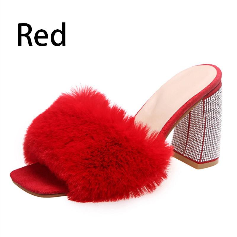 Thick Heel Pink Fuzzy Slippers for Women Silver Rhinestone High Heel Sandals Sexy Ladies Party Shoes