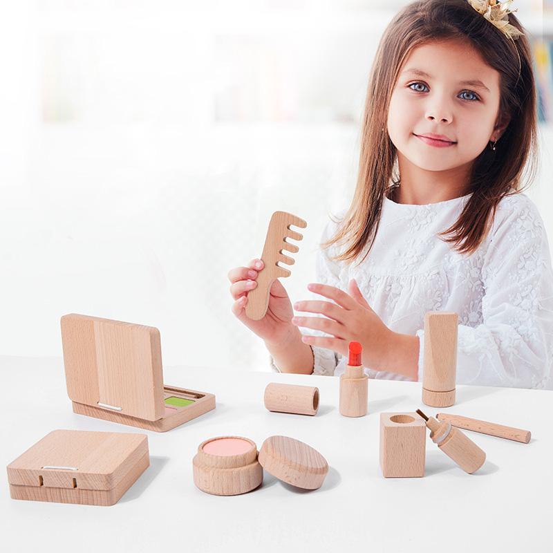 Wooden Pretend Play Makeup Toys For Girls Simulation Cosmetics Kit Toddler Lipstick Eye Shadow Sets Beauty Dress Up Gift For Kid
