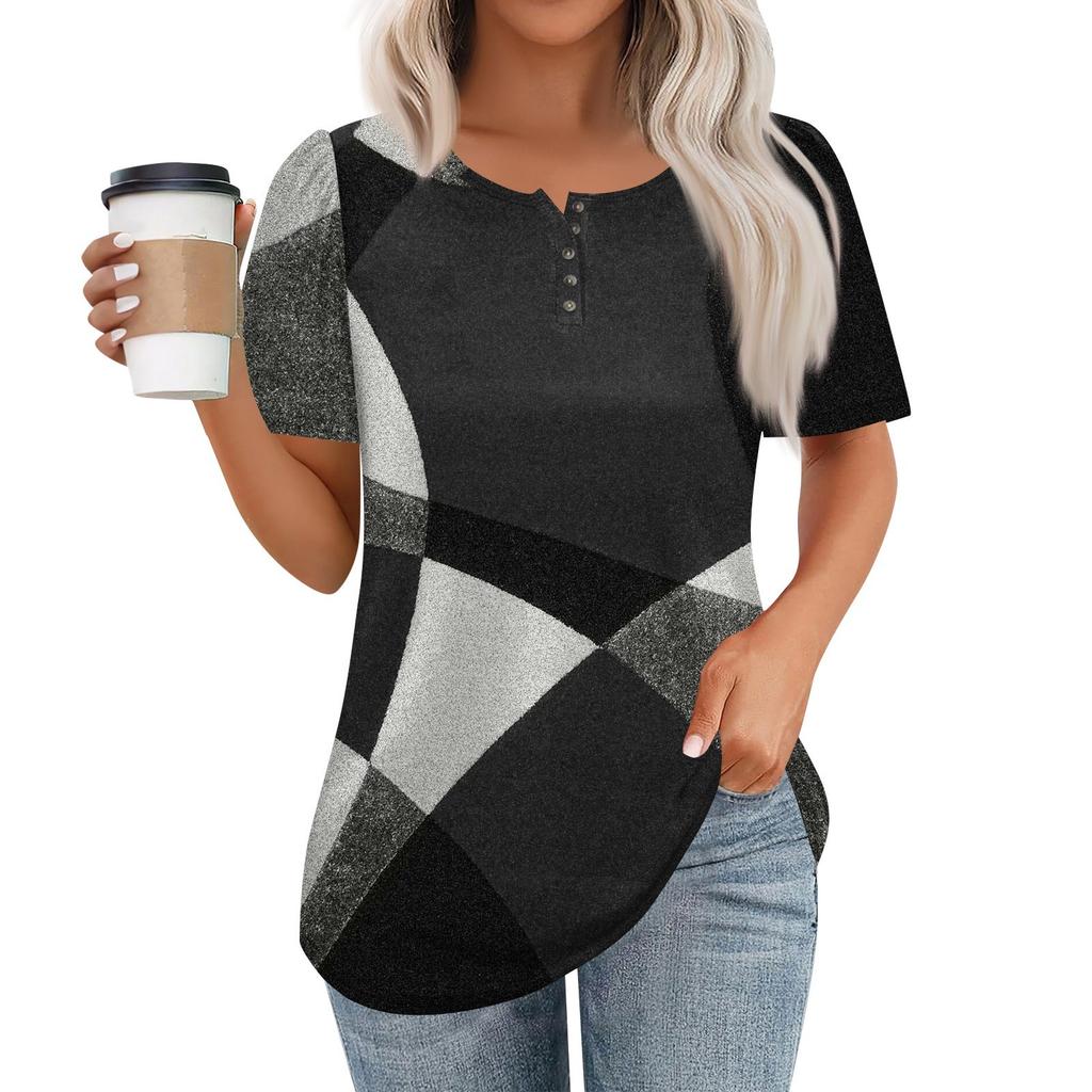 Women's Fashionable Casual Short Sleeve Button Print Round Neck Pullover Top