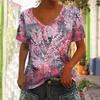 Летняя Новая Женская Футболка 3D Принт Листьев V-образный Вырез Короткий Рукав Модная Женская Футболка