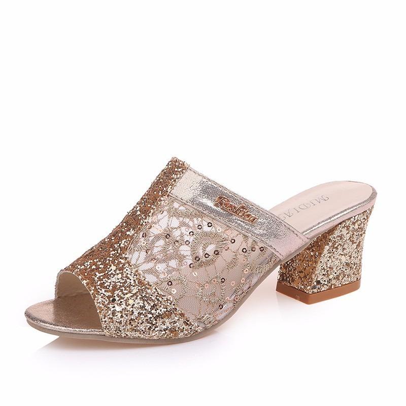 Sandals Women's New Summer Models, Fish Mouth Middle Heel Mesh Thick Heel Sequins Casual Large Size Sandals