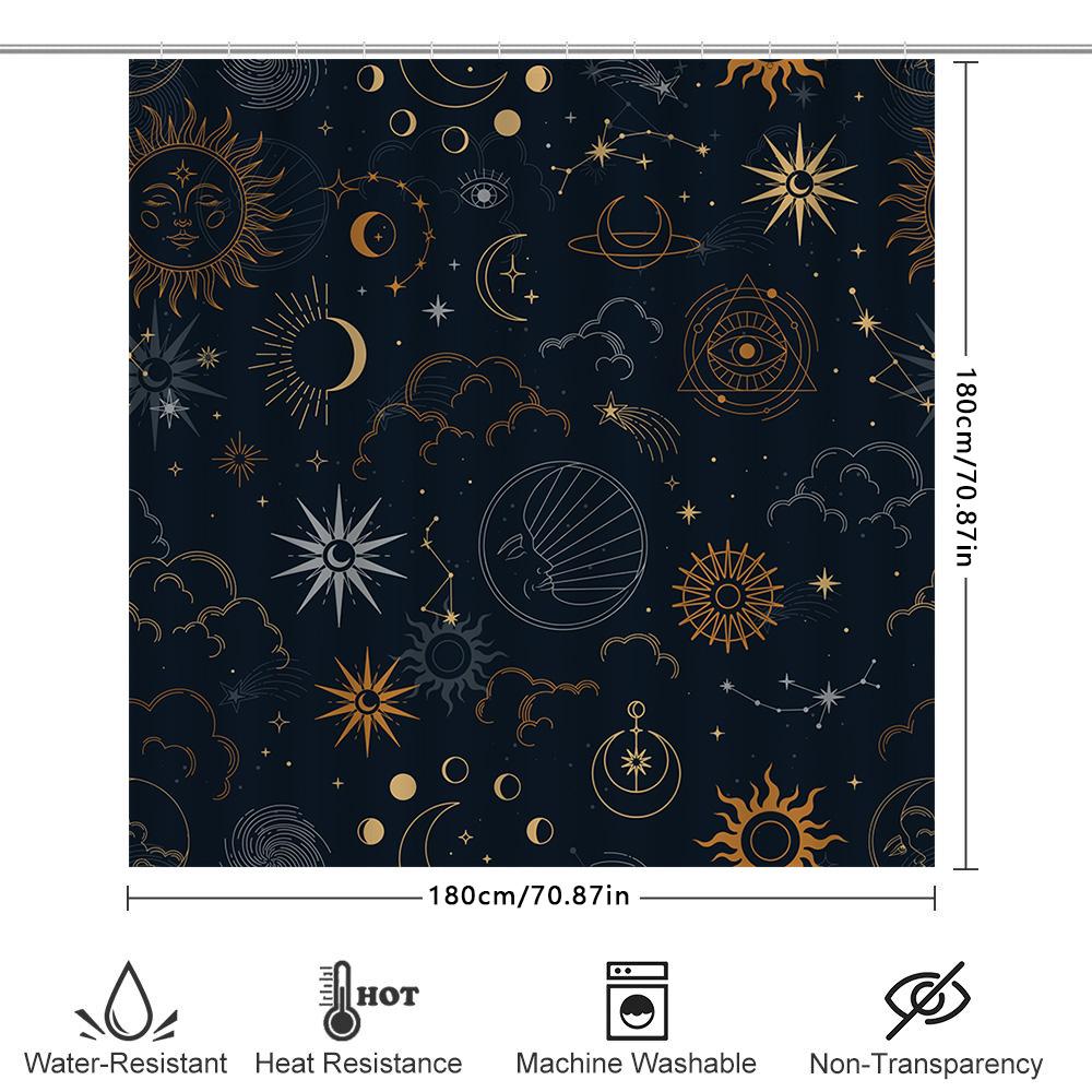 Gothic Astral Shower Curtain with Golden Constellation Sun Moon Eye Design for Bathroom Decor Navy Blue White Sun Moon Bathroom