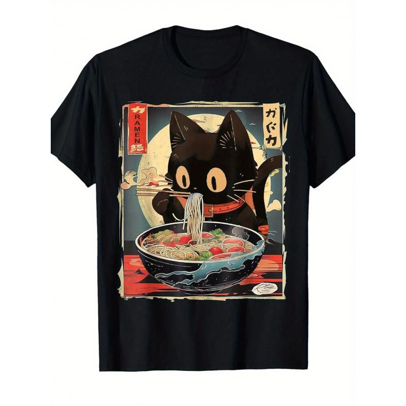 1pcWomen'S & Men'S Anime Kawaii Cat Eating Ramen T-Shirt - Japanese Manga Style Cute Black Cat & Ramen Bowl Graphic, Loose Fit Short Sleeve Crew Neck