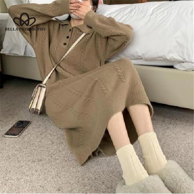 Длинное вязаное платье в корейском стиле в ленивом стиле с лацканами, весна-осень 2024, новый дизайн, однотонное базовое платье-свитер