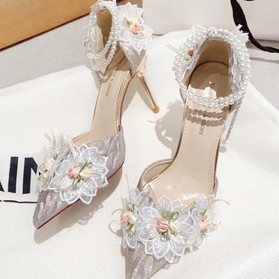 Туфли на высоком каблуке с пряжкой из одного слова, женские, весна и осень 2024, новые, 18-летние, свадебные туфли с серебряным украшением и кристаллами, свадебная обувь