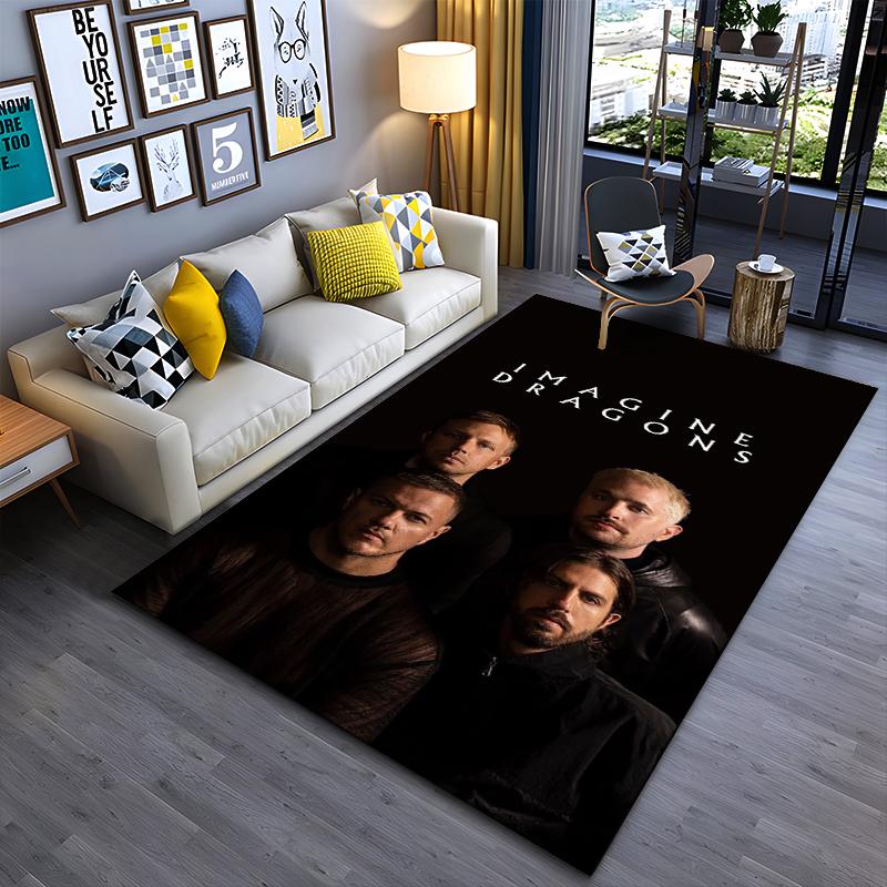 Rock Band Area Rug, Imagine Dragons Band Members Portrait Black Background Moody Print, Rock Music Decor, Non-Slip Mat