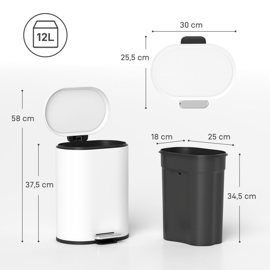 Garbage bin 12L pedal bin waste bin with lid, foot pedal, inner bin, soft-close function, 30 x 25.5 x 37.5 cm, white