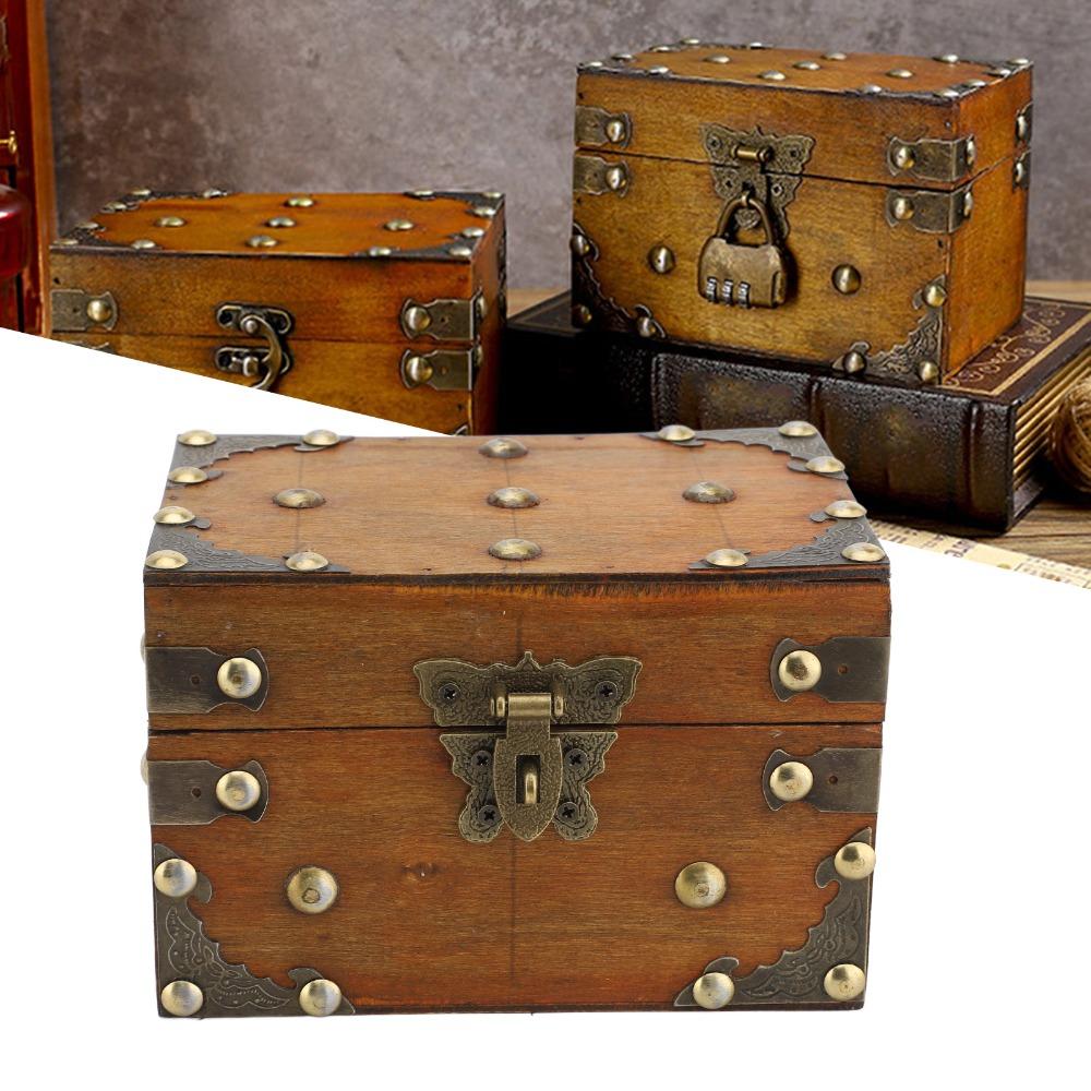 2pcs Wooden Retro Treasure Chest Combination Lock Keepsake Storage Box  Home Decor