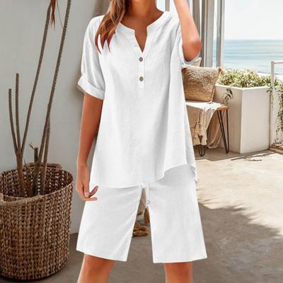 Комплект из 2 предметов из хлопка и льна для женщин, короткий рукав, V-образный вырез, широкие шорты, летний повседневный свободный комплект для отдыха
