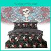 Skulls Reversible Roses Duvet Cover Set Spider Web Halloween Supplies Bedding