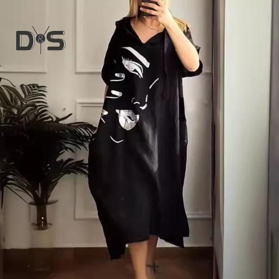 Женское платье с принтом лица, свободное платье с капюшоном и шнурком в богемном стиле с короткими рукавами, городской стиль, пуловер с разрезом по краю и боковым карманом, платье миди длиной до середины икры