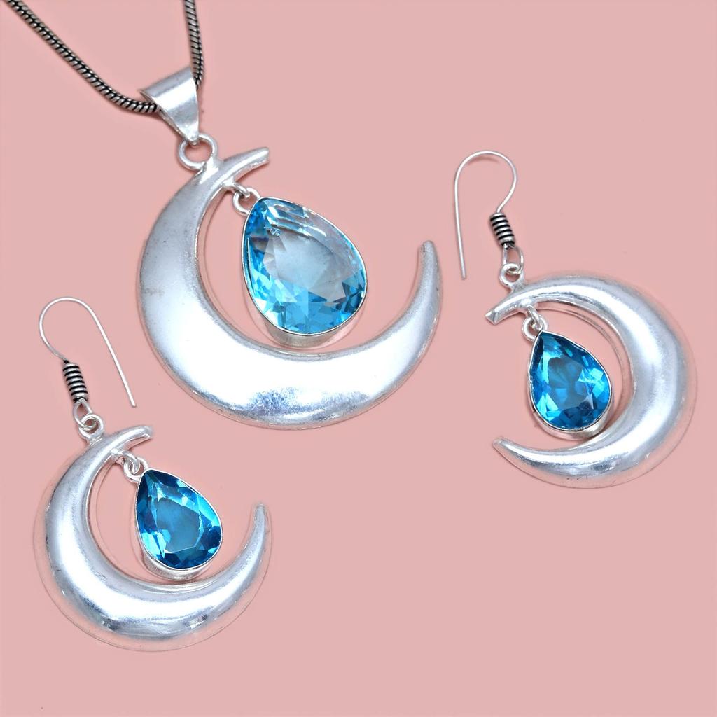 Комплект из серег и подвески ко Дню матери с драгоценным камнем London Blue Topaz