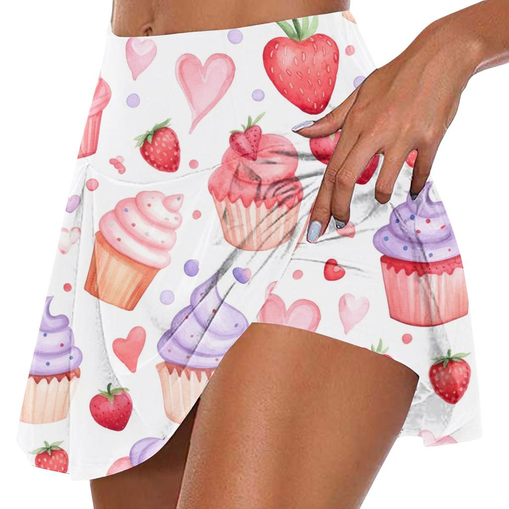 Женская мода с принтом на День Святого Валентина, повседневная спортивная фитнес-беговая йога, теннисная юбка, плиссированная короткая юбка, шорты, полуюбка