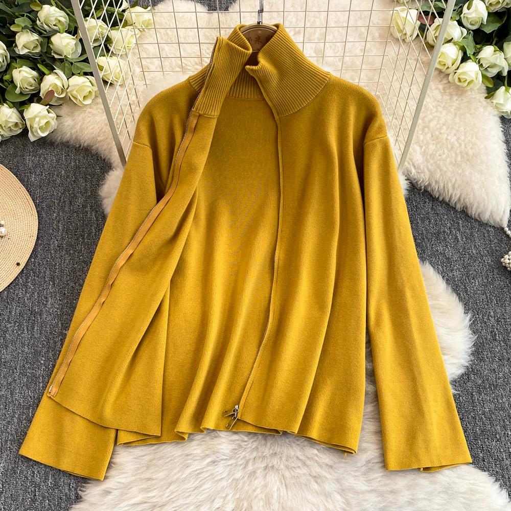 Осенне-зимний трикотажный свитер, брюки, комплект из двух предметов, женская водолазка на молнии, куртка и брюки длиной до щиколотки