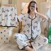 Short-Sleeved Pajamas Three-Piece Korean Version Of Sweet And Cute Cardigan Women'S Loungewear