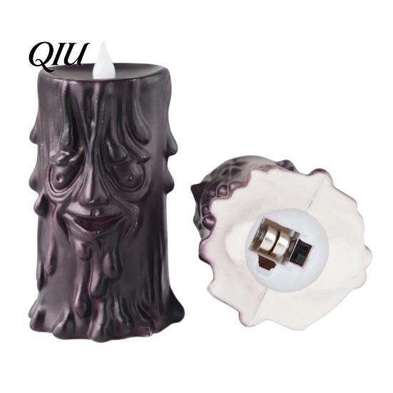 Spooky Desktop Ornament Halloween Flameless LED Candle, Face Tree Stump Pillar Decorative Night Light Wax Drip Flickering Fake Candle for Party Indoor
