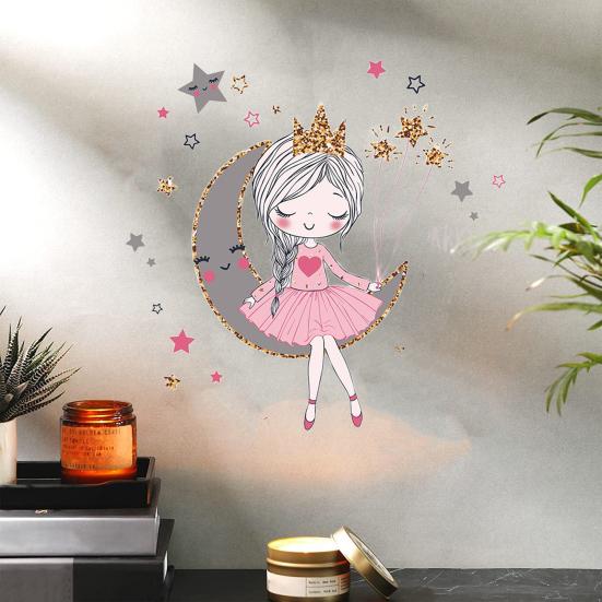 Наклейка на стену со звездой и луной для девочек, водостойкая самоклеящаяся ПВХ-наклейка, современная гостиная, детская спальня, настенное художественное украшение, наклейка