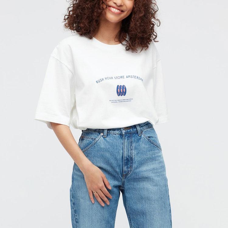Uniqlo Футболка унисекс с круглым вырезом и принтом в виде букв, топ Белый 434377-00
