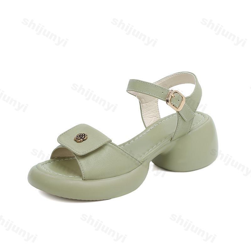 Fashion Retro Soft Flower Sandals for Women 2025 Summer Thick Heels New Elegant Temperament Roman Style Comfortable Open Toes High Heels