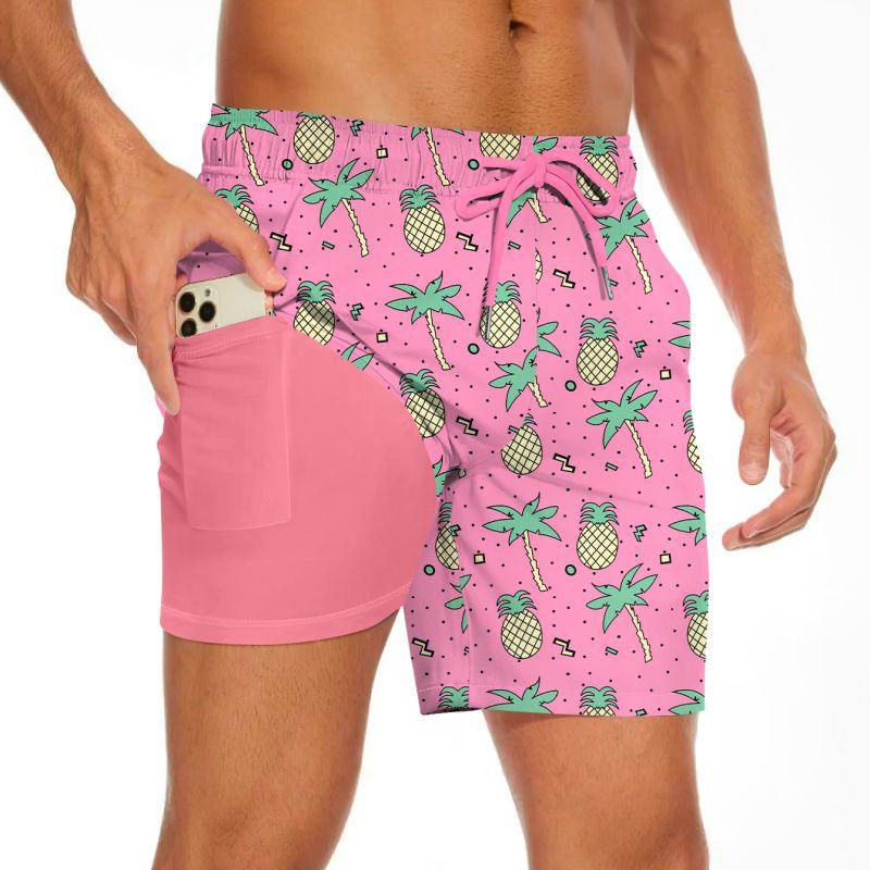 Men's Summer Double-layered Shorts Drawstring Swim Trunks Beach Printed Swim Pants with Pocket
