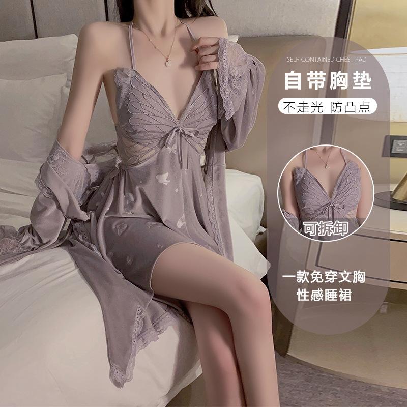 Women's Velvet Butterfly Padded Cami Sleep Dress with Robe for Fall Winter