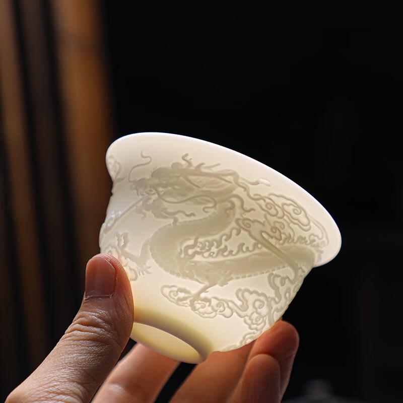 Mutton Fat Jade Style Embossed White Porcelain Gaiwan Tea Set