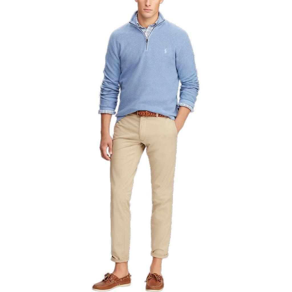 Polo Ralph Lauren FW23 Трикотажный свитер с длинным рукавом на молнии до середины, с вышивкой логотипа Pony, мужской свитер, небесно-голубой, MNPOSWE16810318-B28