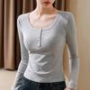 Threaded Button-down Bottoming Shirt Women's Autumn Clothing New Women's Clothing Solid Color Round Neck Front Shoulder T-shirt Waist Tight Top