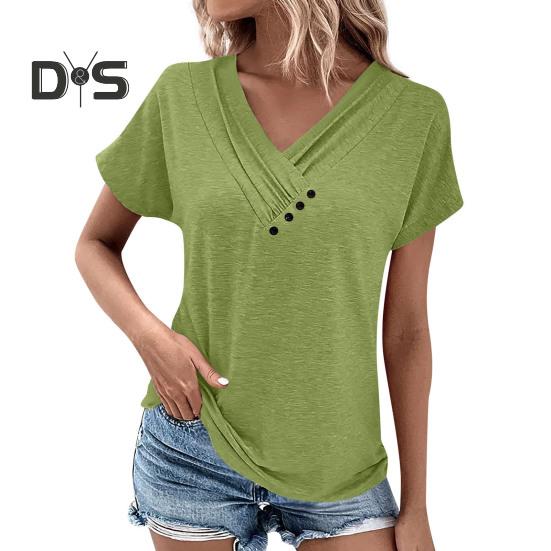 Женская футболка с V-образным вырезом, коротким рукавом, свободный крой, пуговицы, декор, однотонный пуловер, топы, повседневная одежда
