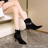 Women Boots High Heels Pointe Shoes Boots-Women Zipper Luxury Designer Crystal Stiletto Pointy Rubber Ladies 2024 Ankle Black