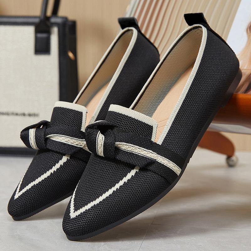 Fashion Women's Knitted Flats Breathable Low Cut Loafer Shoes for Ladys Pointed Toe Ballet Flat Shoes Spring Summer
