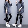 Spring Fall Women Hoodie Plaid Print Fake Two-piece Mid Length Drawstring Long