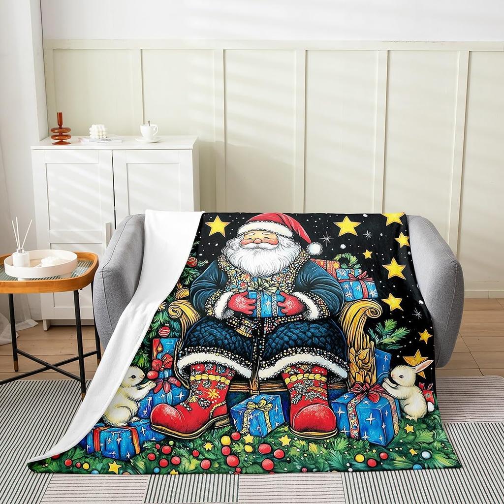 Winter Snowman Throw Blanket Cartoon Farmhouse Rustic Style Flannel Blanket for Kids Teens Adults Watercolor Pine Trees White