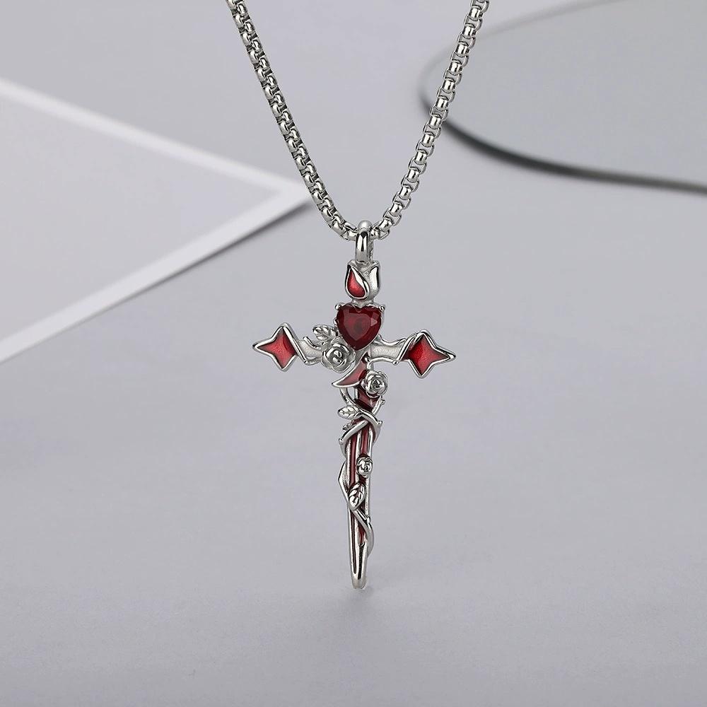 Stainless Steel Irregular Thorn Rose Love Cross Necklace Unique Sweater Chain High-End Fashion Accessory