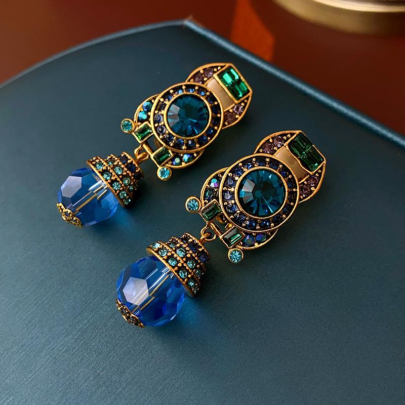 Серьги-клипсы с голубыми стразами и кристаллами для женщин, средневековый винтажный стиль, блестящие подвески, роскошные украшения, новинка.