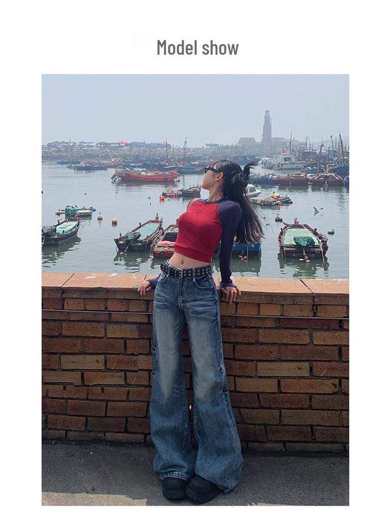 Женские джинсы клеш с широкими штанинами и высокой посадкой в стиле ретро на осень 2024 года