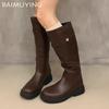 Winter Women High Boots Leather Knee High Fashion Shoes 2025 Trend New Brand Classic Goth Gladiator Motorcycle Botas De Mujer