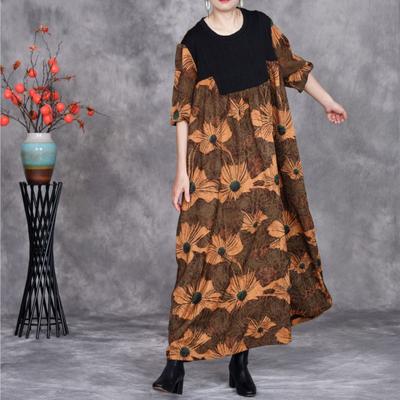 Женское осеннее платье с принтом в стиле сращивания в нестандартном винтажном стиле, модное повседневное ретро-платье с круглым вырезом