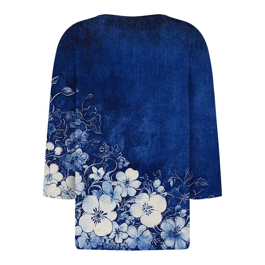 Женская модная повседневная футболка с v-образным вырезом и декоративными пуговицами, рукавом три четверти, с цветочным принтом, топ