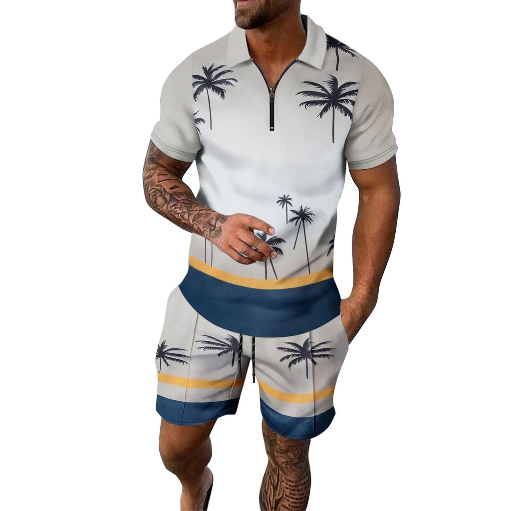 Мужской летний костюм с короткими рукавами и короткими шортами на молнии с принтом, мужской повседневный спортивный костюм