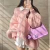 Women Sweater Soft Waxy Knitting Pullover V-neck Loose Lantern Sleeve Sweet Pink Preppy Style Thickened Warm Jumper Autumn and Winter