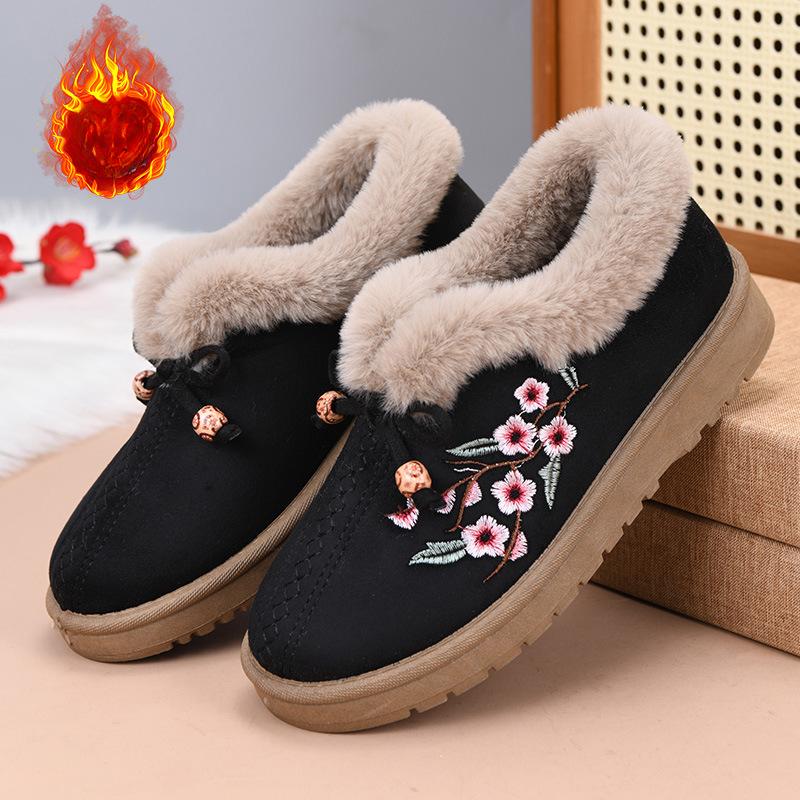 Женские зимние теплые ботинки на платформе для снега с подкладкой из искусственного меха, повседневные нескользящие короткие ботинки с вышивкой для женщин, домашняя обувь для отдыха на открытом воздухе