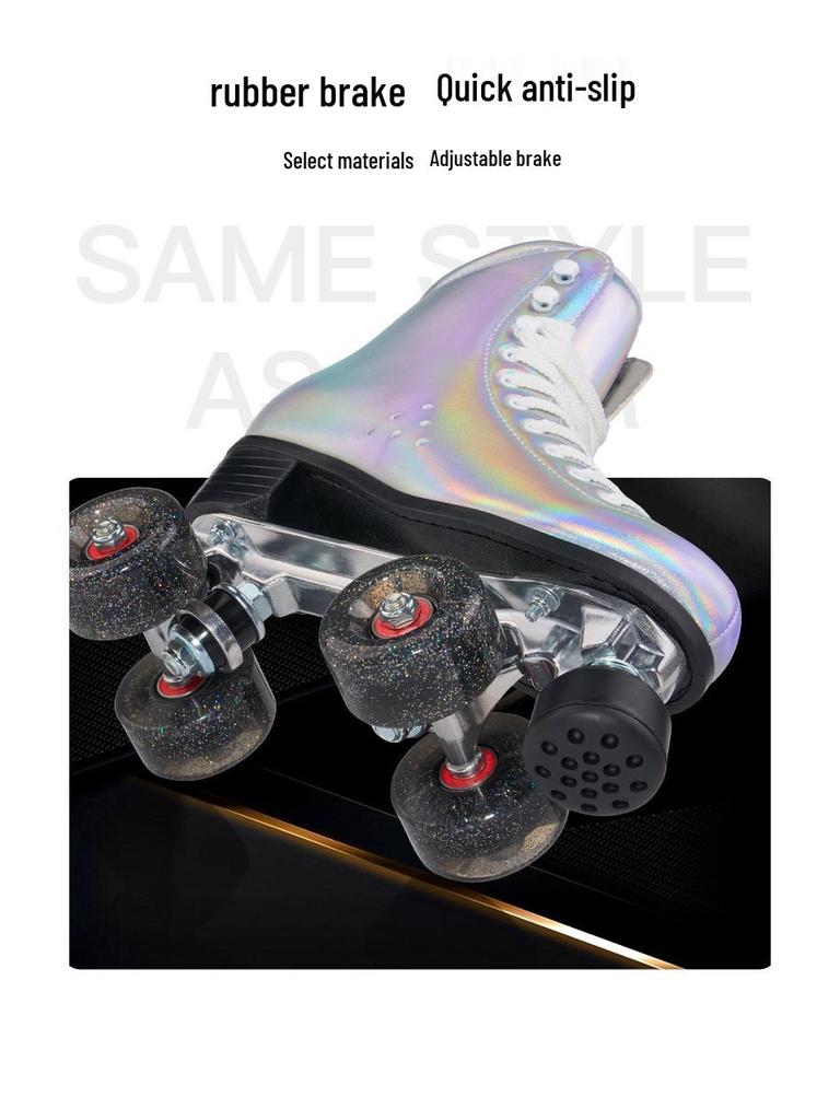 New In-Stock Double-Row Roller Skates with Laser Fabric, Adjustable Brake, and PU Flashing Wheels for Ice Rink.