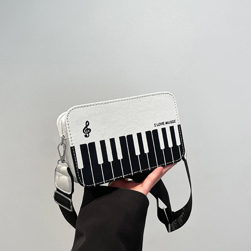 Piano Keys Black and White Sling Bag Contrast Color Casual Square Bag Ladies Travel Shopping Commute Date Bag KTY