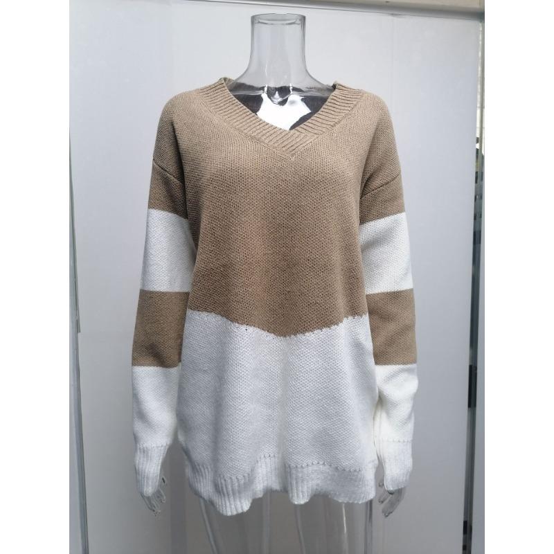 Осенне-зимний женский пуловер больших размеров с V-образным вырезом, свободный свитер в стиле пэчворк, вязаный свитер с цветовым сочетанием